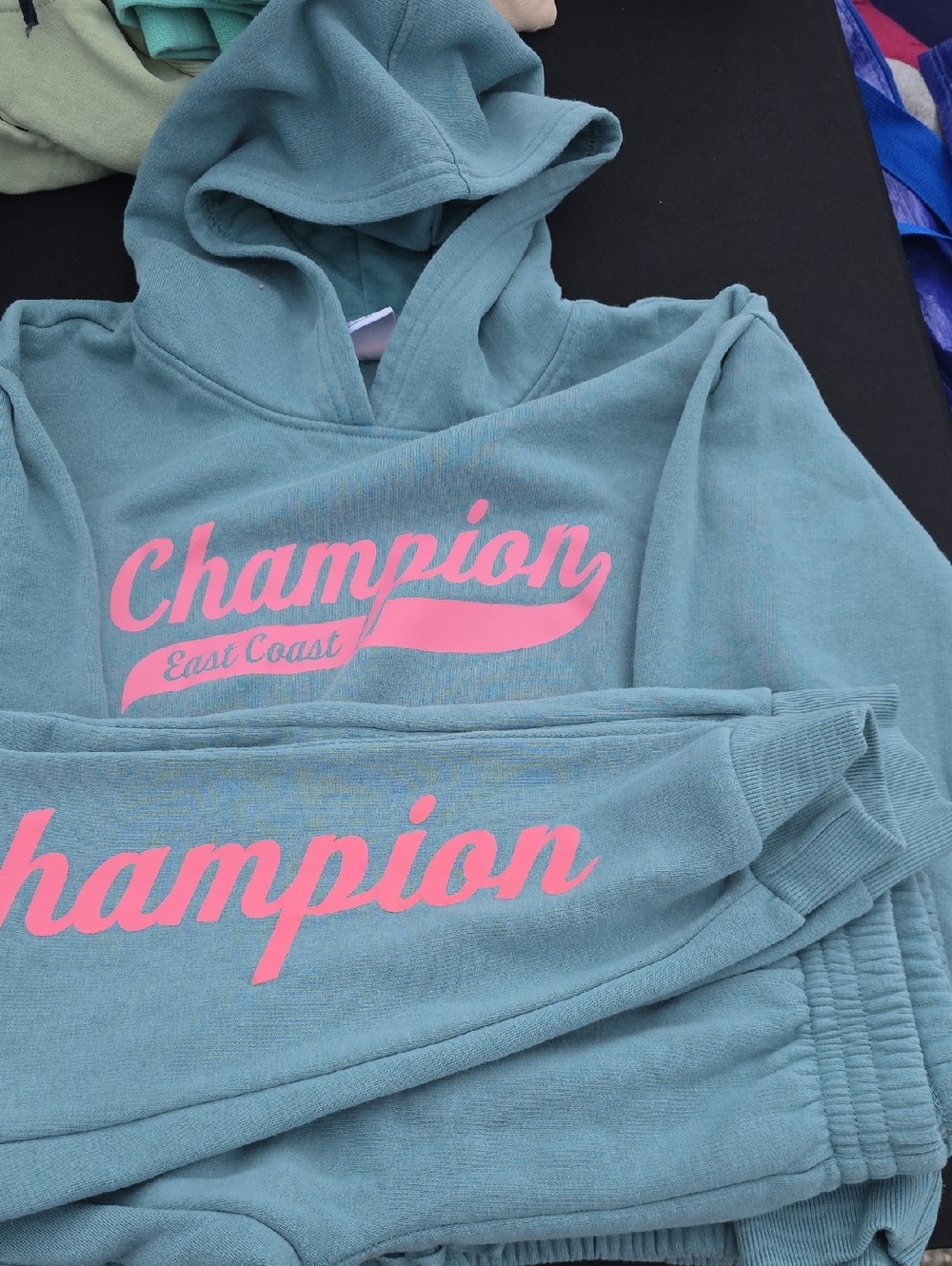 Champion teal hoodie and sweatpants with pink logo
